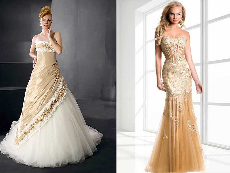 Золотистое свадебное платье: модные фасоны, оттенки, ткани