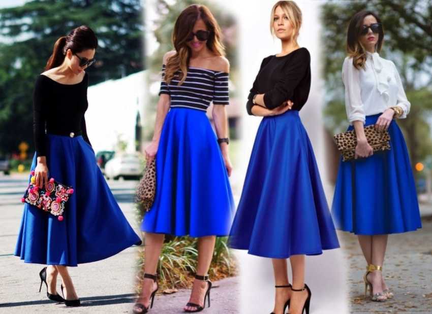 Синяя юбка с цветами с чем носить