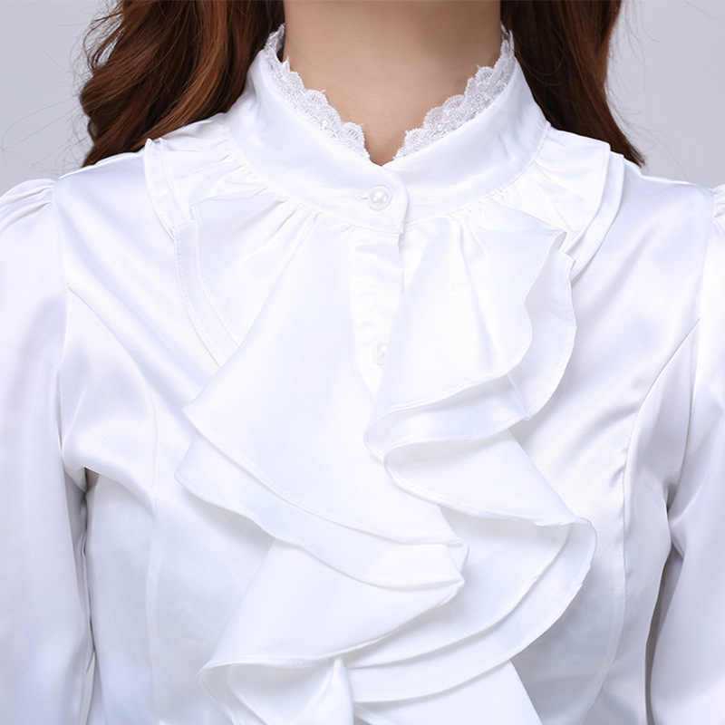 Блузка с воротником стойкой или черным бантом, белая кружевная кофта с жабо, трикотажный хомут, женская модель без рукавов с отложной высокой оборкой