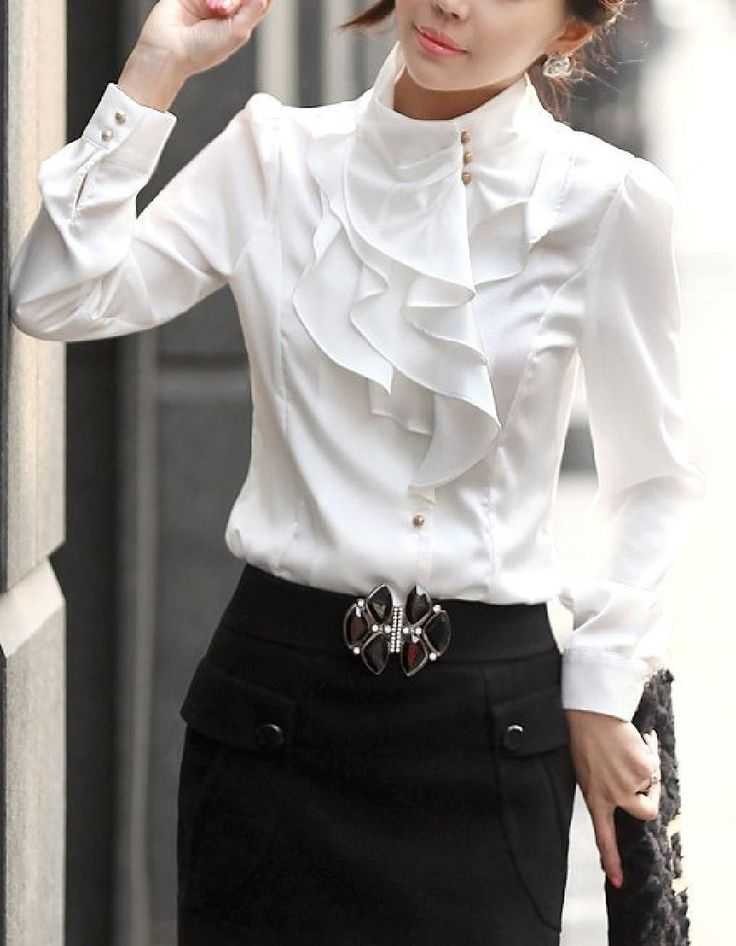 Блузка с воротником стойкой или черным бантом, белая кружевная кофта с жабо, трикотажный хомут, женская модель без рукавов с отложной высокой оборкой