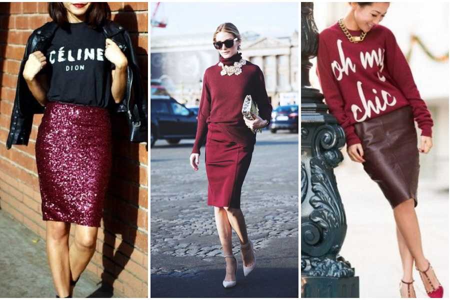 Бордовая юбка: с чем носить, миди, длинная, цвета марсала с фото